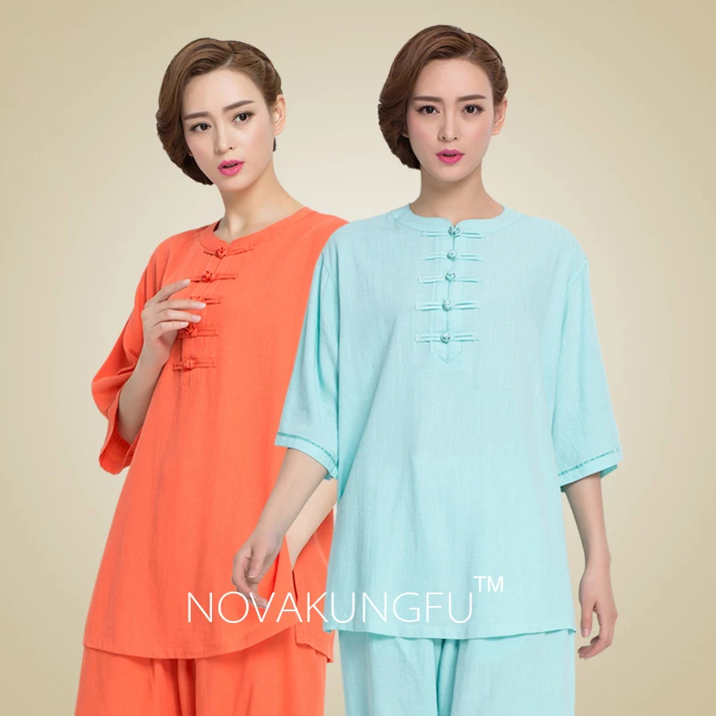 Short-Sleeve Tai Chi Uniform for Women, Summer Cotton and Linen Tai Chi Outfit, Lightweight Home Leisure Clothing