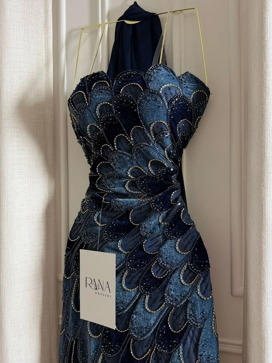 

Ofherown Navy Blue Strapless Mermaid Evening Dress Women Luxury Beaded Scalloped Pattern Floor Length Prom Party Gown Customized