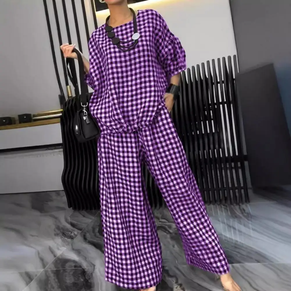 Women Wide Leg Pantsuit Round Neck T-shirt Pants Set Plaid Print Women's Spring Top Pants Set with Three-quarter Sleeves Round