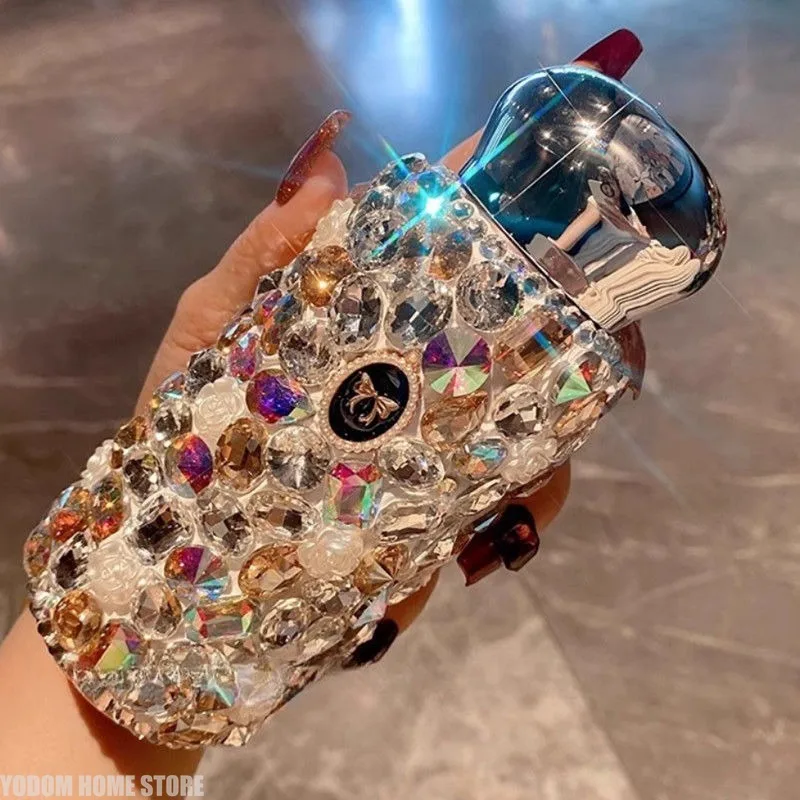 Bling Crystal Diamond Thermos Bottle Portable Stainless Steel Insulated Cup Sparkling Rhinestone Water Bottle Coffee Mug Tumbler