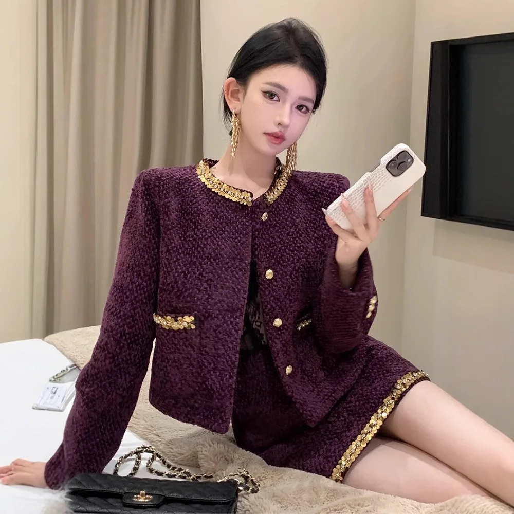 Fall High-End Korean Style Sequin Jacket And Wrap Skirt Two-Piece Set for Women Glittering Outerwear Bodycon  Skirt