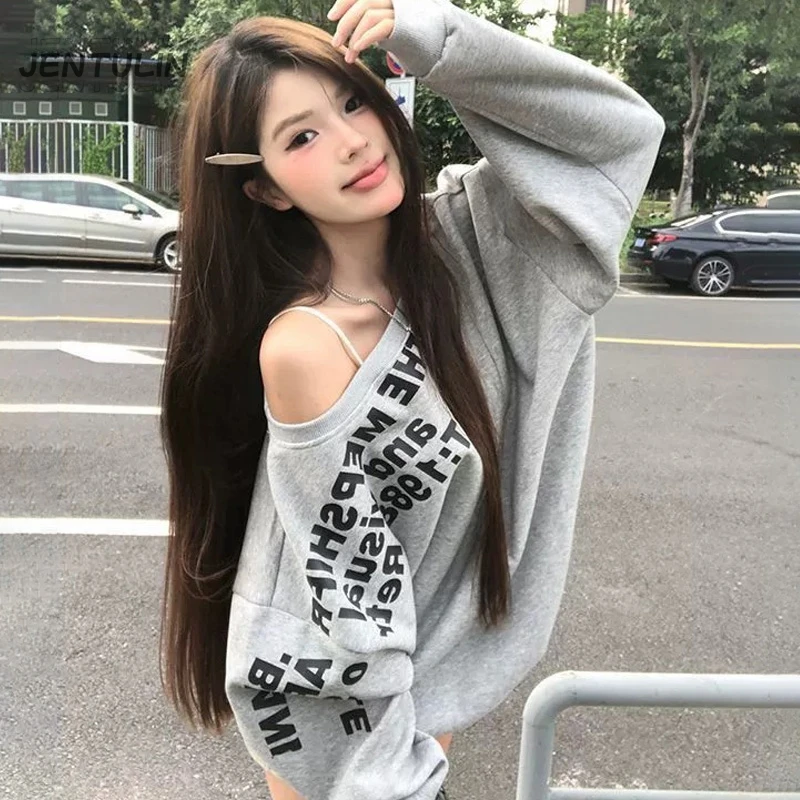 

Y2k сексуальная футболка с наклонными плечами, женская футболка с уличным принтом и длинными рукавами, базовый топ, женская осенне-зимняя корейская модная футболка большого размера