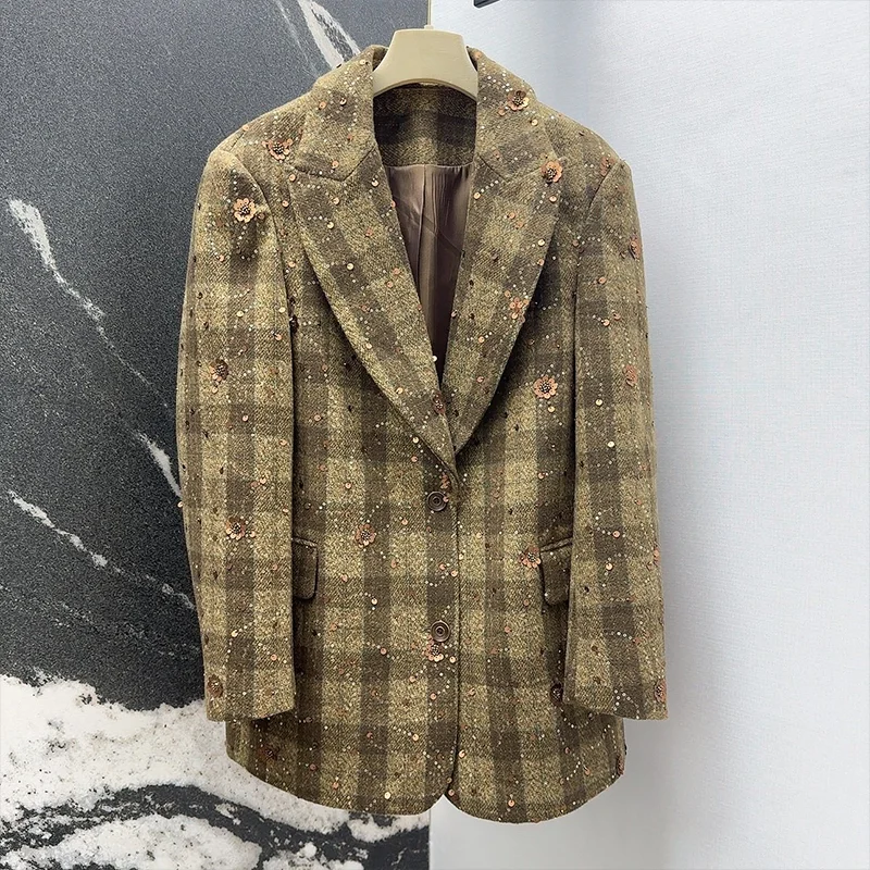 

Высококачественное женское стильное ретро пальто с тяжелыми блестками и блестящими лацканами на зиму, новая роскошная одежда, костюм, куртка 2592574