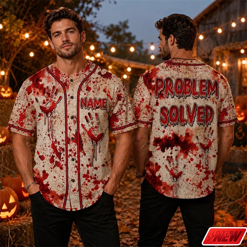 Halloween Horror Custom Name Text Baseball Jersey Men 3d Print Blood Splatter Handprint Short Sleeve Shirt Unisex Party Tops