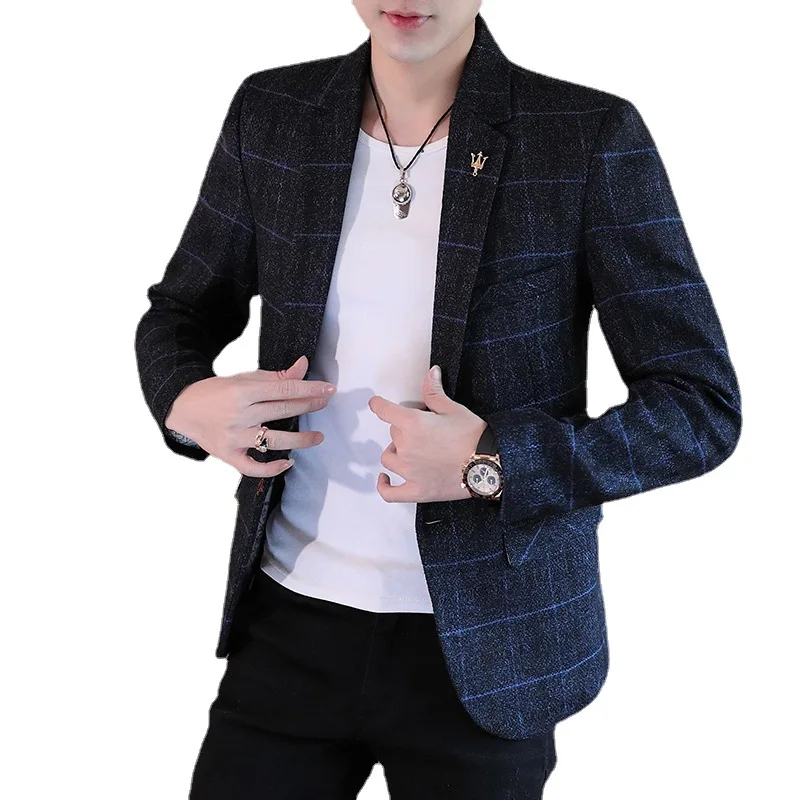 3-E11  Suit Jacket Men\'s Korean Style Fashionable Slim Fit Spring and Autumn Negle Suit Plaid Small Suit Casual Men\'s