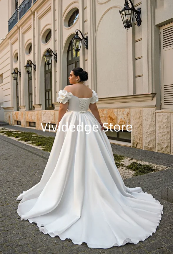 Maßgeschneidertes sexy Hochzeitskleid in Übergröße, Satin, A-Linie, Schnürung, Vestidos De Novia, schulterfrei, V-Ausschnitt, seitlich geteilte Brautkleider