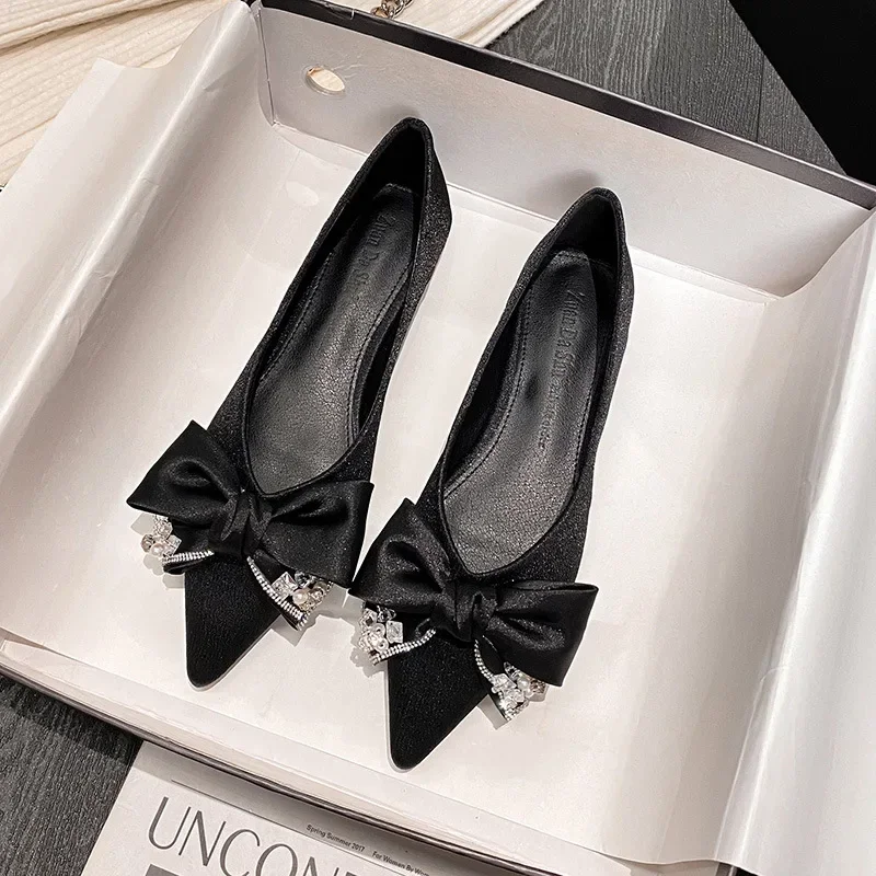 luxury rhinestone bow flats shoes woman pointed toe champagne silk bowknot ballet shoes big size wedding shoes for women