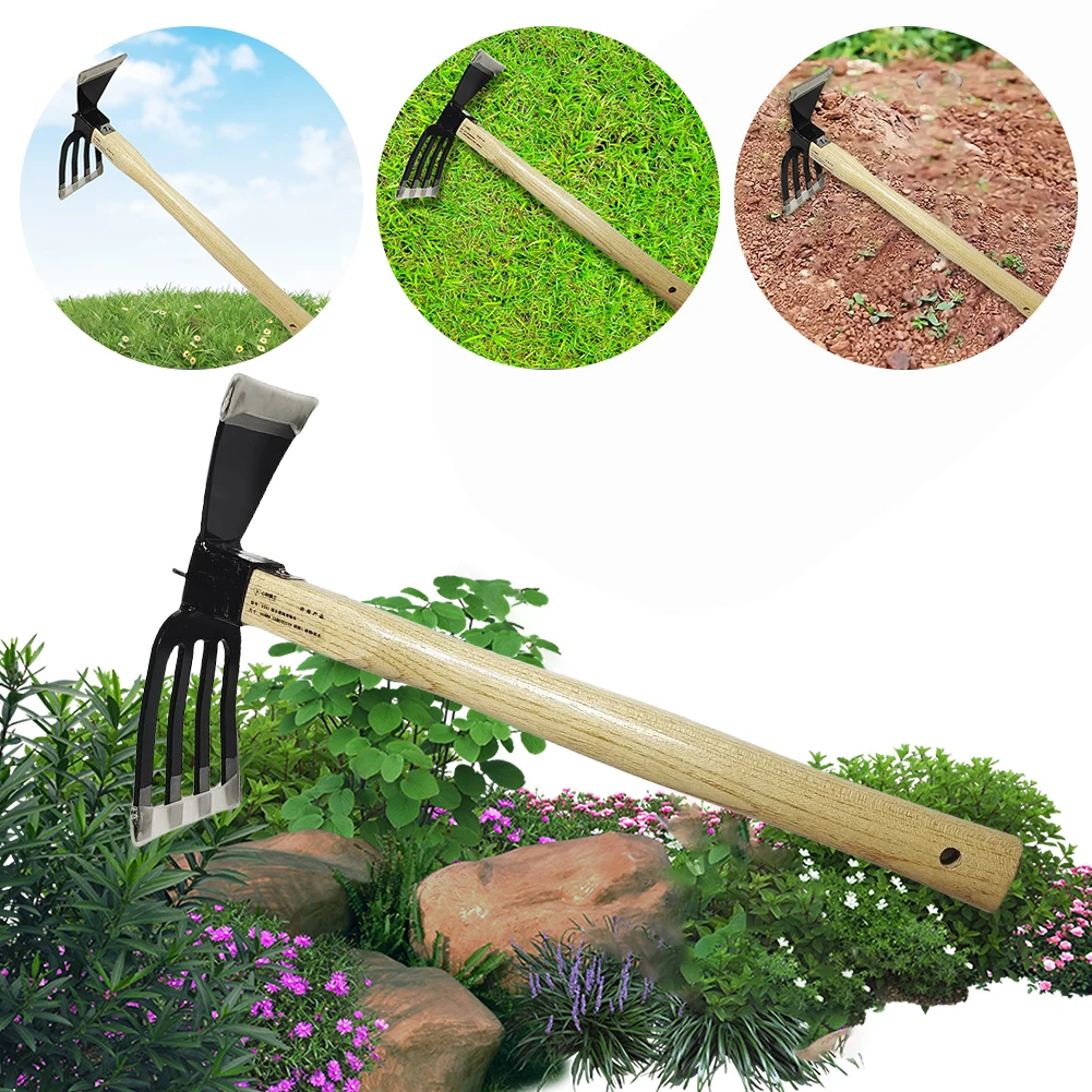 Garden Hand Rake Tool with Wooden Handle Dual-purpose Hoe Garden Hand Hoe & Tiller for Digging Weeding Gardening and Cultivating