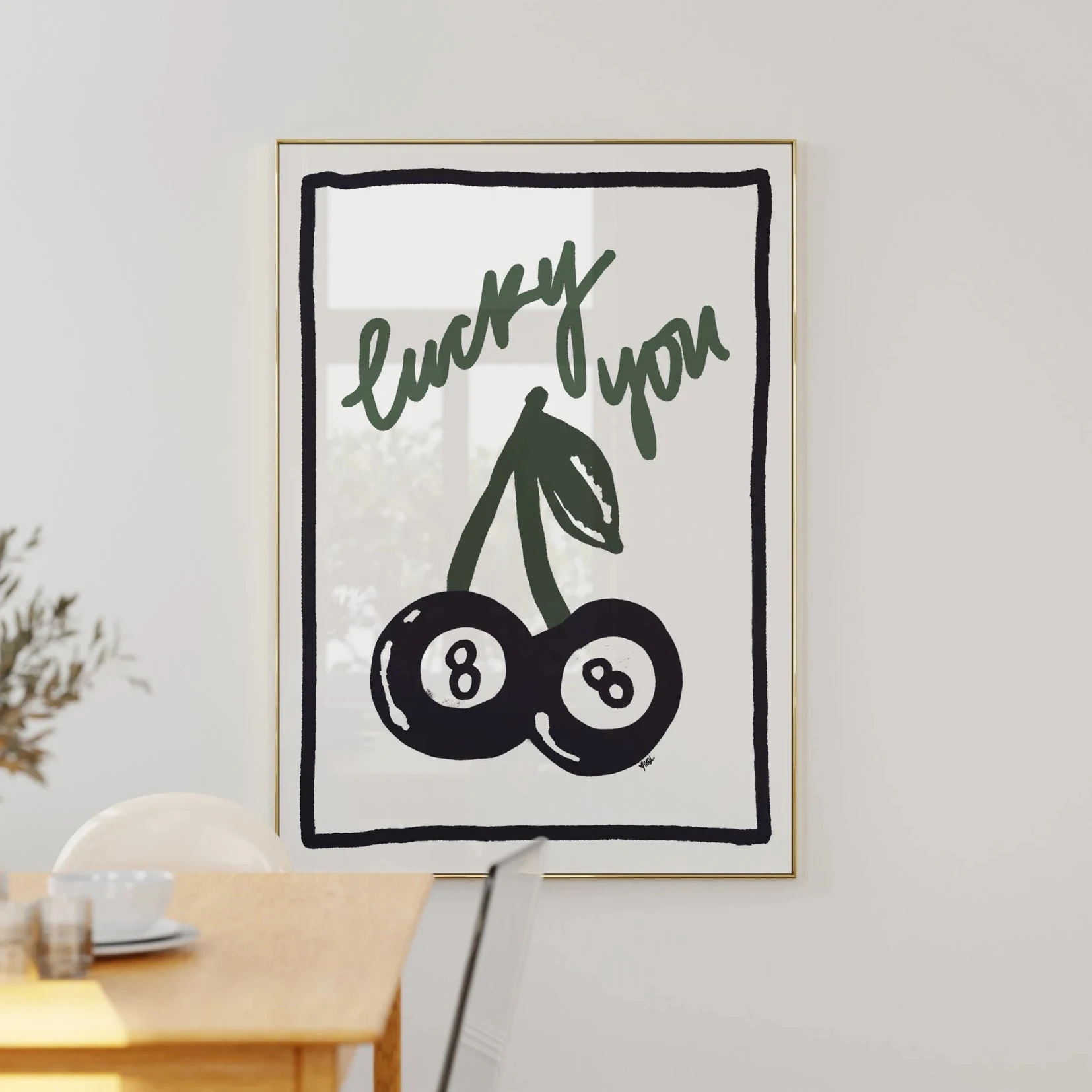 1pcs,Lucky You 8 Ball Art Print Poster, Vintage Food Print, Trendy Retro Print, Cherry Illustration, Mid Century Print Art Decor