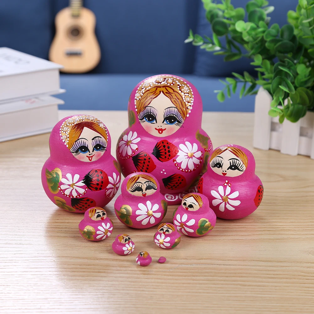 10 Floors Wooden Matryoshka Doll Safe Smooth Strawberry Flower Girl Matryoshka Doll Ornament Handmade Painted for Children Gifts