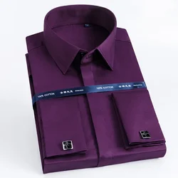 2025 Iron Free 100% Cotton Men's French Cufflink Long Sleeves Slim Fit Concealed Buttons Solid Color High-end Wedding Dress