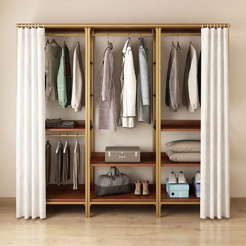 

Walk-in Metal Wardrobe Rack Open Wrought Iron Hanger Dust-Proof Cloakroom Bedroom Floor Clothes Storage Organizer