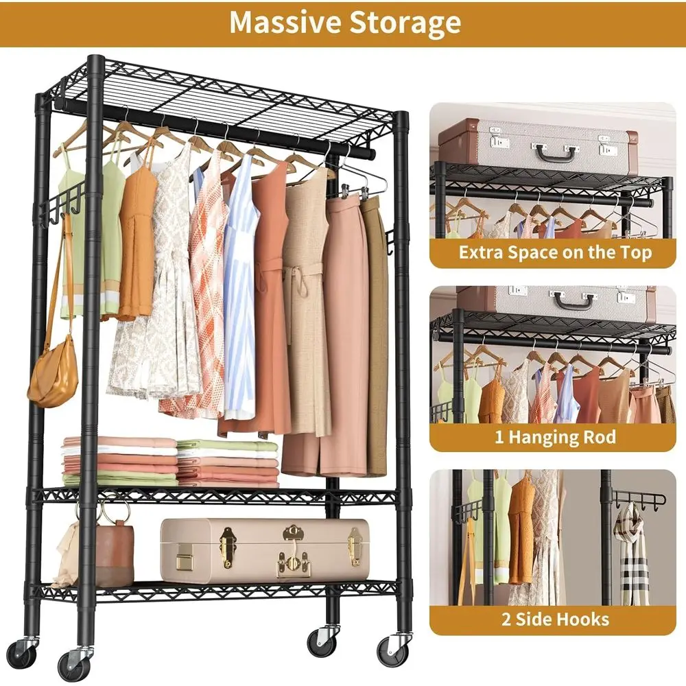 Portable 3-Tier Adjustable Rolling Garment Rack with Hanger Rod and Side Hooks for Clothes Storage