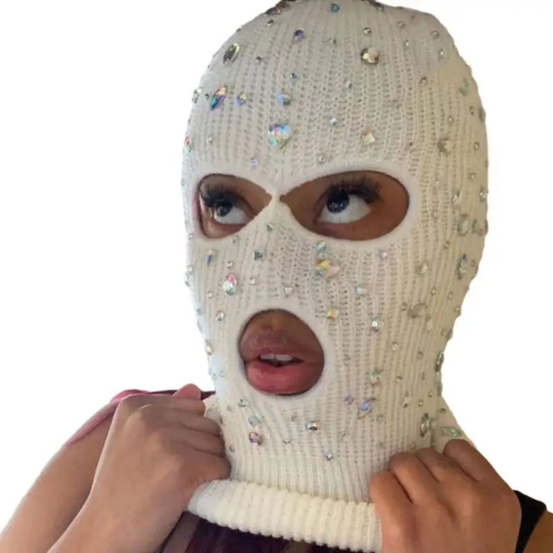 

652F Unisex Jeweled Hat Neck Warmer Hooded Face Cover Hat Balaclava Hat with Blingbling Diamante for Cold Weather