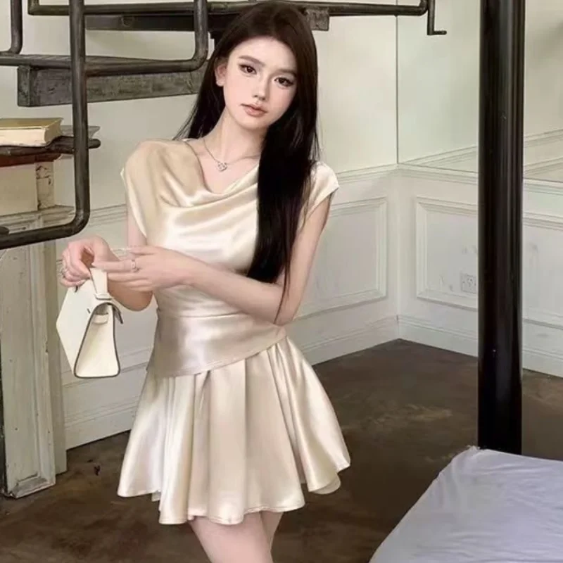 Short Party Lightly Cooked Sleeve Slim Fit Mini Skirt Women's Two Piece Set Sexy Female Outfits Elegant Casual Korea Full Co Ord