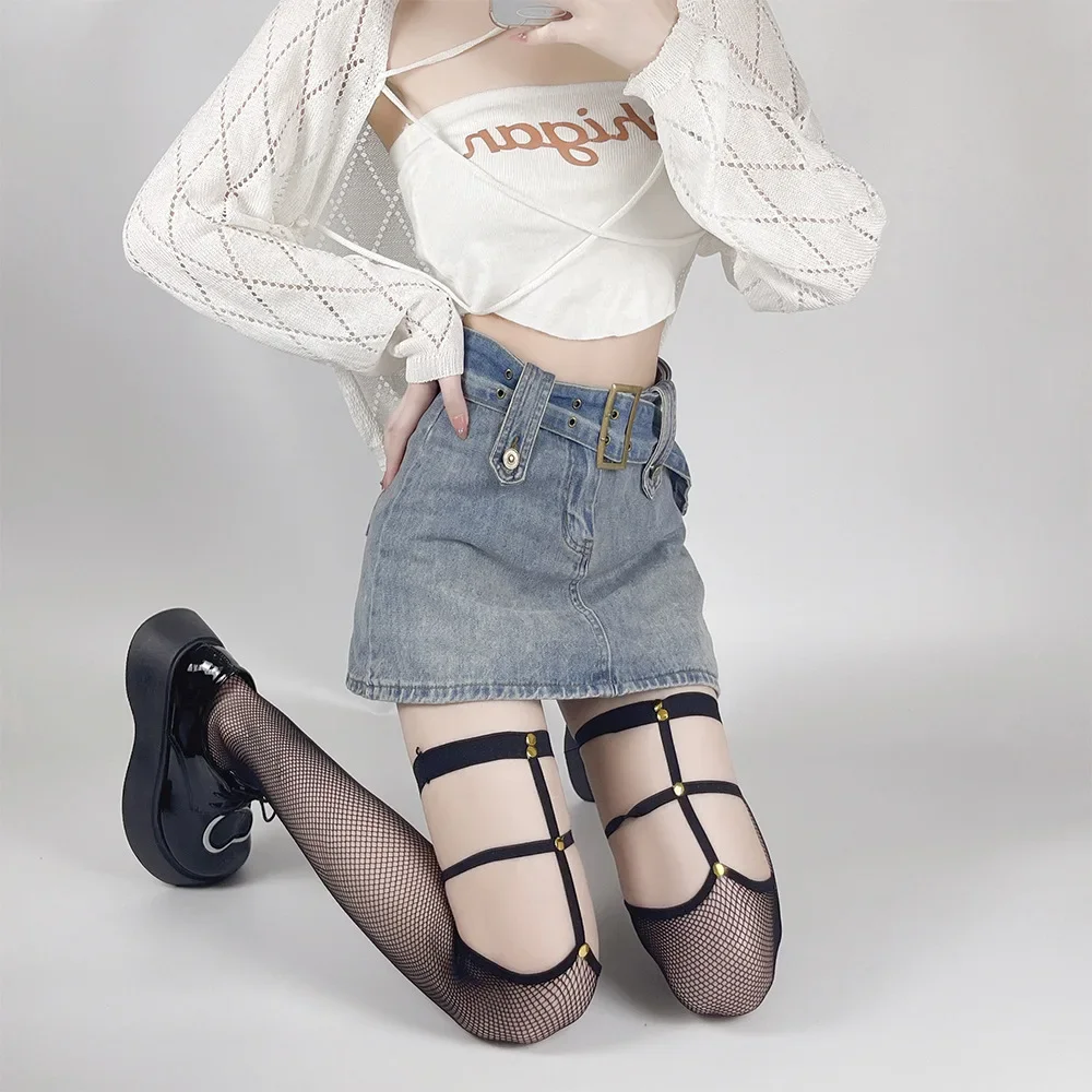 Bas longs en résille pour femmes, Sexy, cuissardes hautes, maille élastique, bretelles ajourées au-dessus du genou, chaussettes, jarretelles avec bas