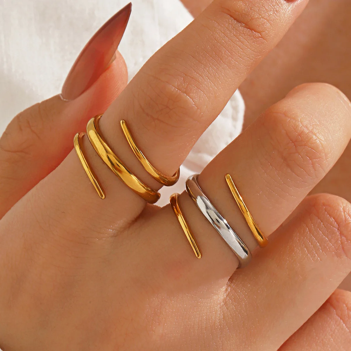 Stainless Steel Line Ring Neutral Geometric Multi Layer Interleaved Stackable Open Ring Artistic Fashion Waterproof Jewelry Gift
