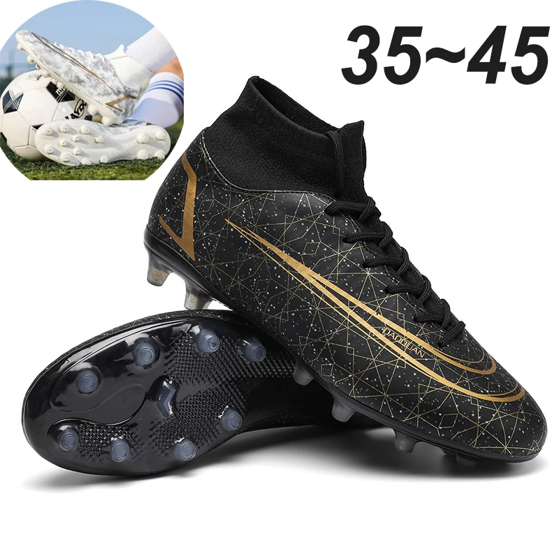 Luxury Black Gold White Football Boots Boys Girls Men Women Long Spike Soccer Shoes Teenager Turf Anti-Slip Sneakers Footwear