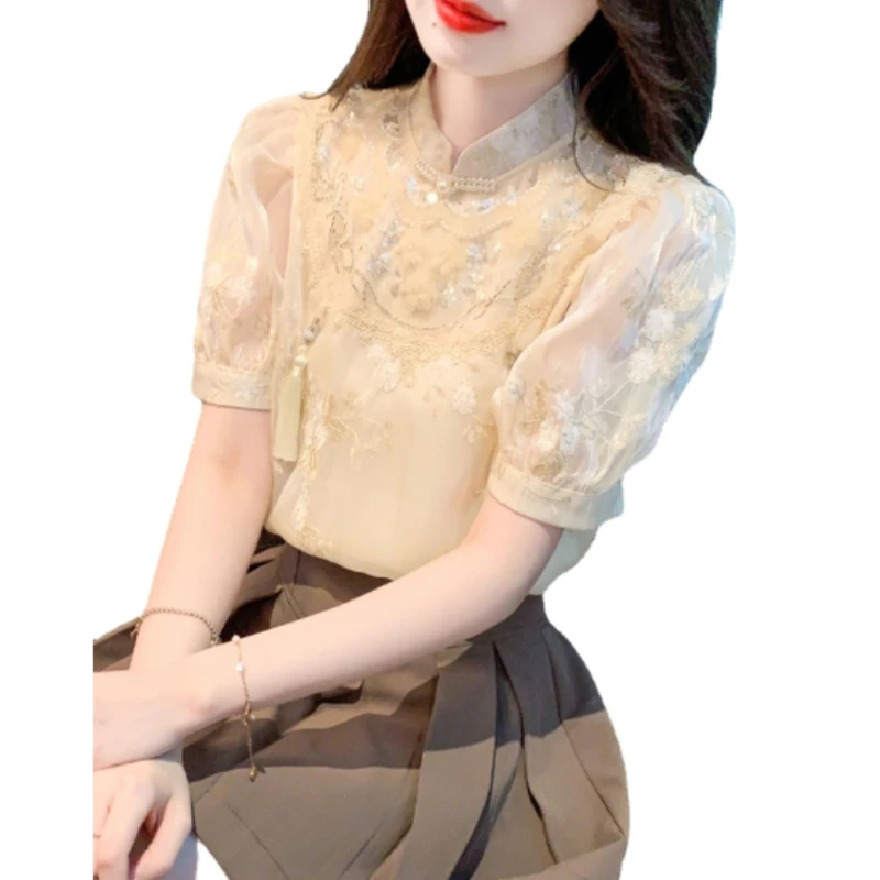 New Chinese Style Short Sleeve Apricot Chiffon Shirt Women\'s Summer 2024 New Elegant Top Embroidery Beaded Puff Sleeve Blouses