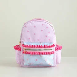 Ruffle Girls Backpack Floral Canvas Polka Dot Plaid Lining Large Capacity Pink Cute Back To School