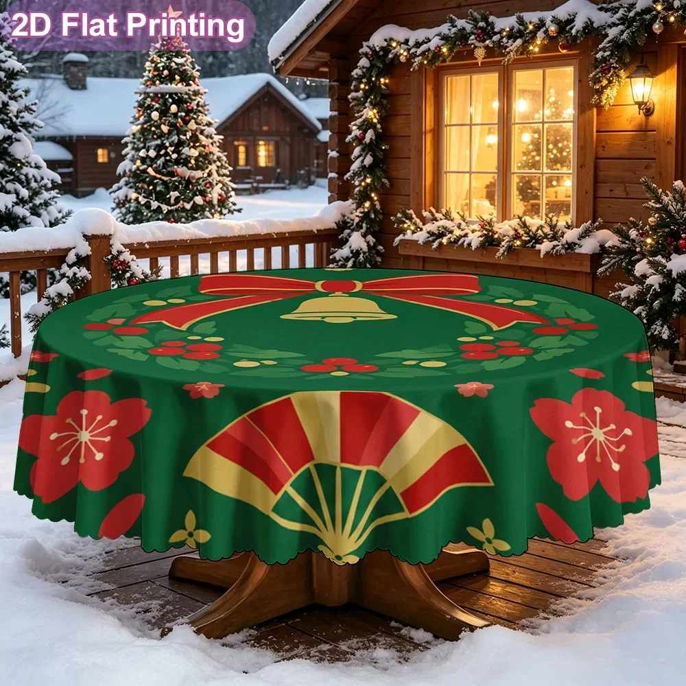 2D flat single tablecloth, bohemian Christmas wreath fan bow bell print round tablecloth