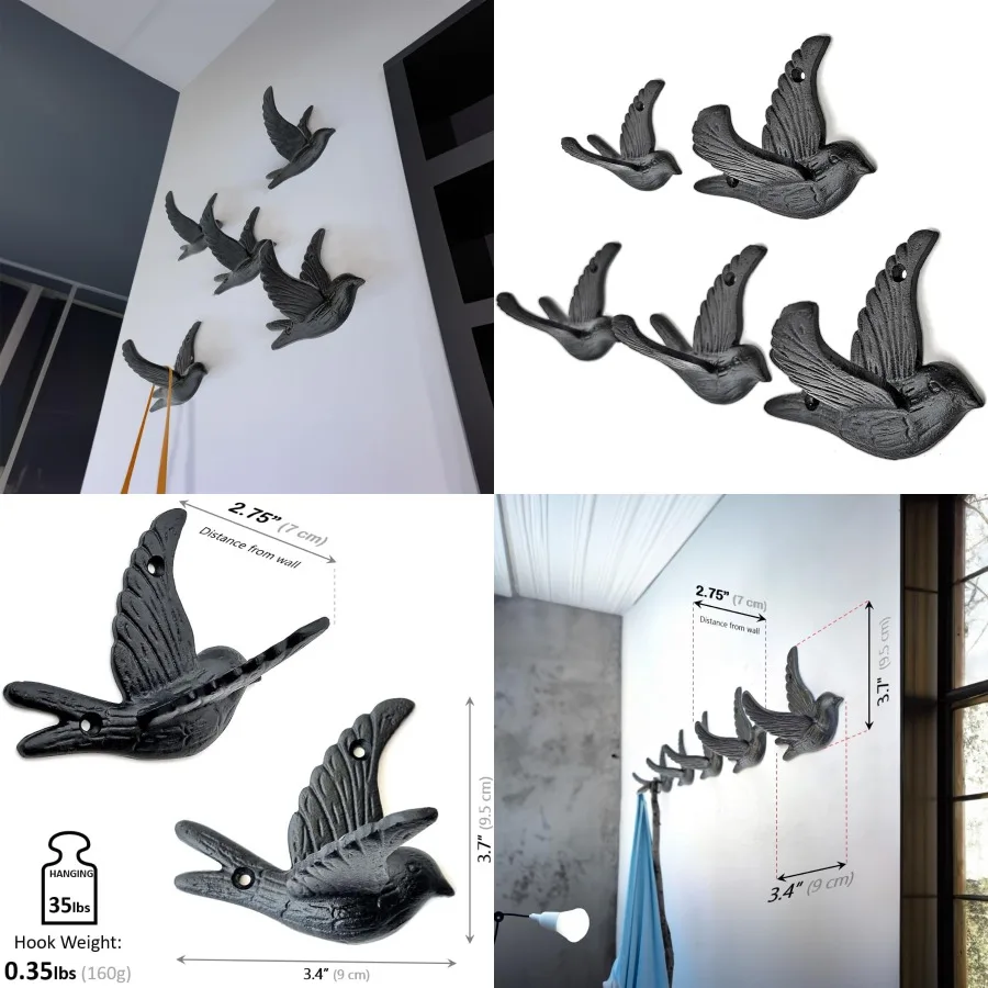 

5 упаковок винтажных черных крючков для одежды в стиле птиц для пальто, шляп и более прочной чугунной конструкции с деревенским фермерским домом