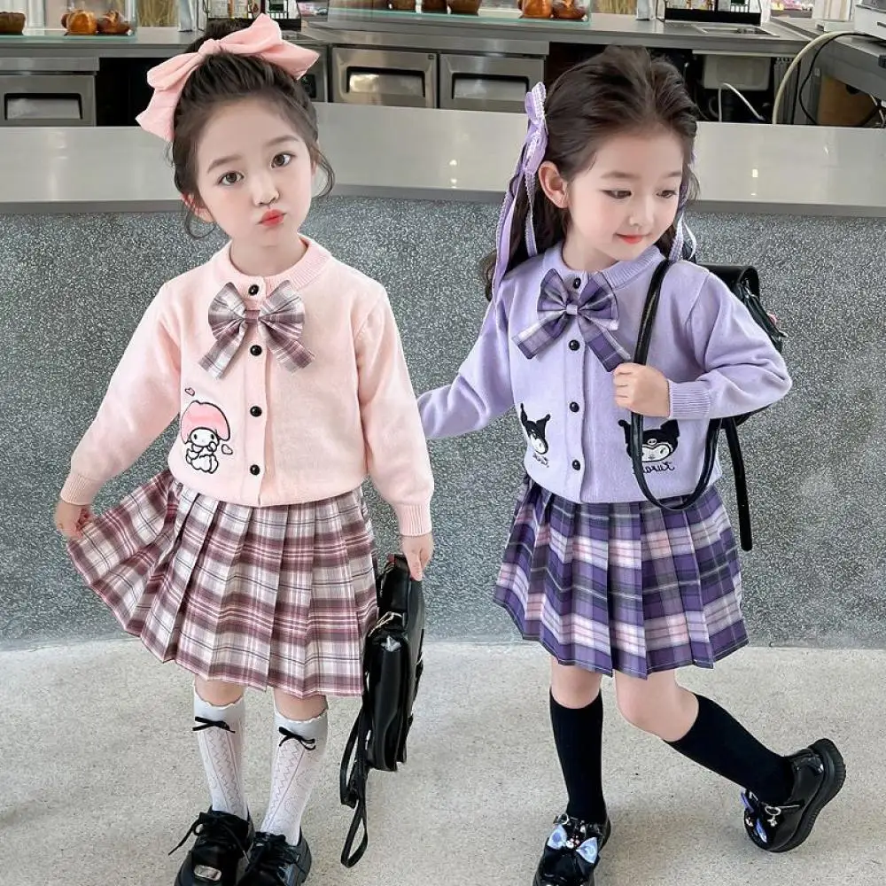 

Kuromi My Melody Girls 2 шт. Sanrio весна осень Jk униформа плиссированная юбка милый кардиган в студенческом стиле + клетчатая юбка детская куртка