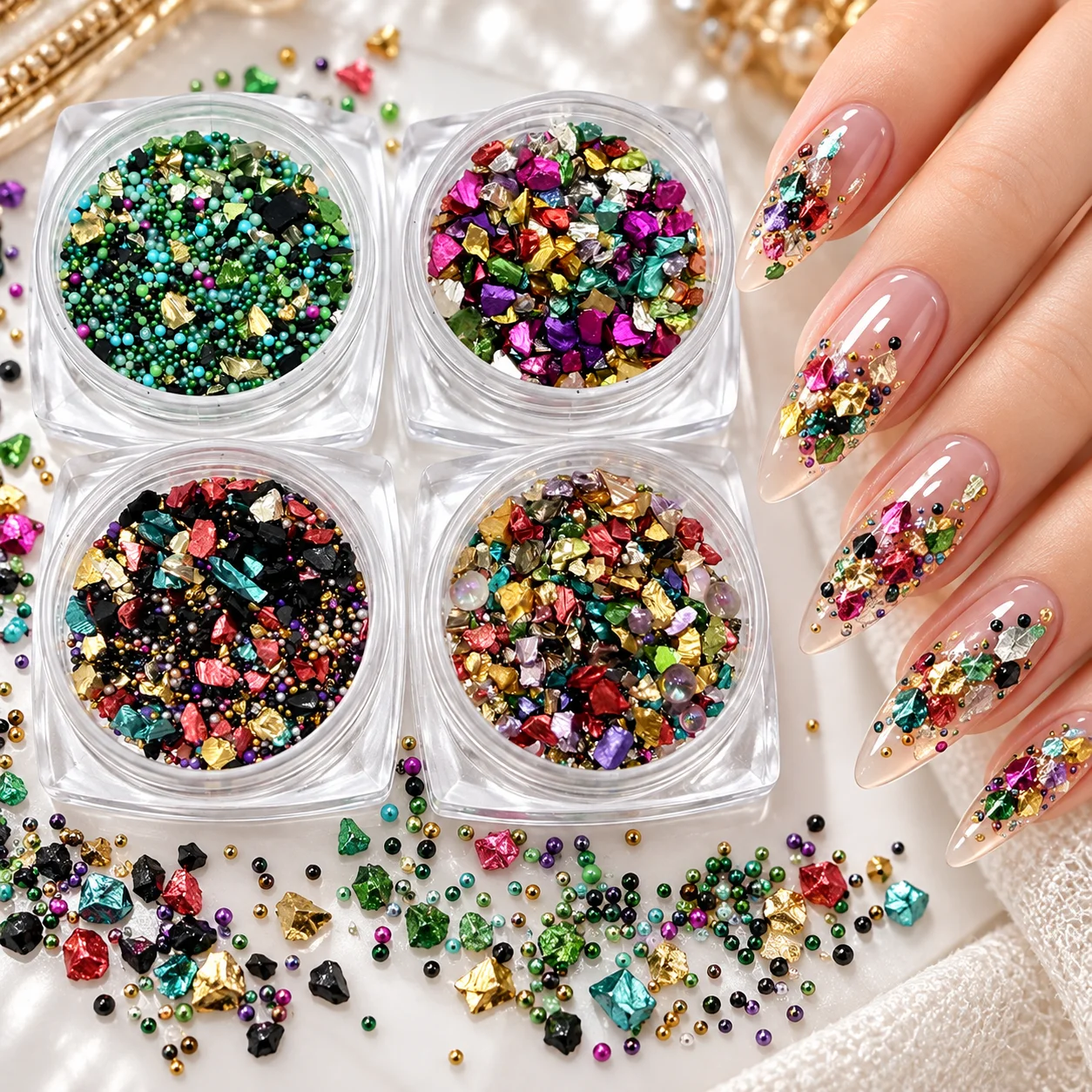 3D Nail Art Mixed Glitter Flakes Micro Caviar Beads Colorful Irregular Foil Stone Charms Nail Jewelry DIY Manicure Decorations