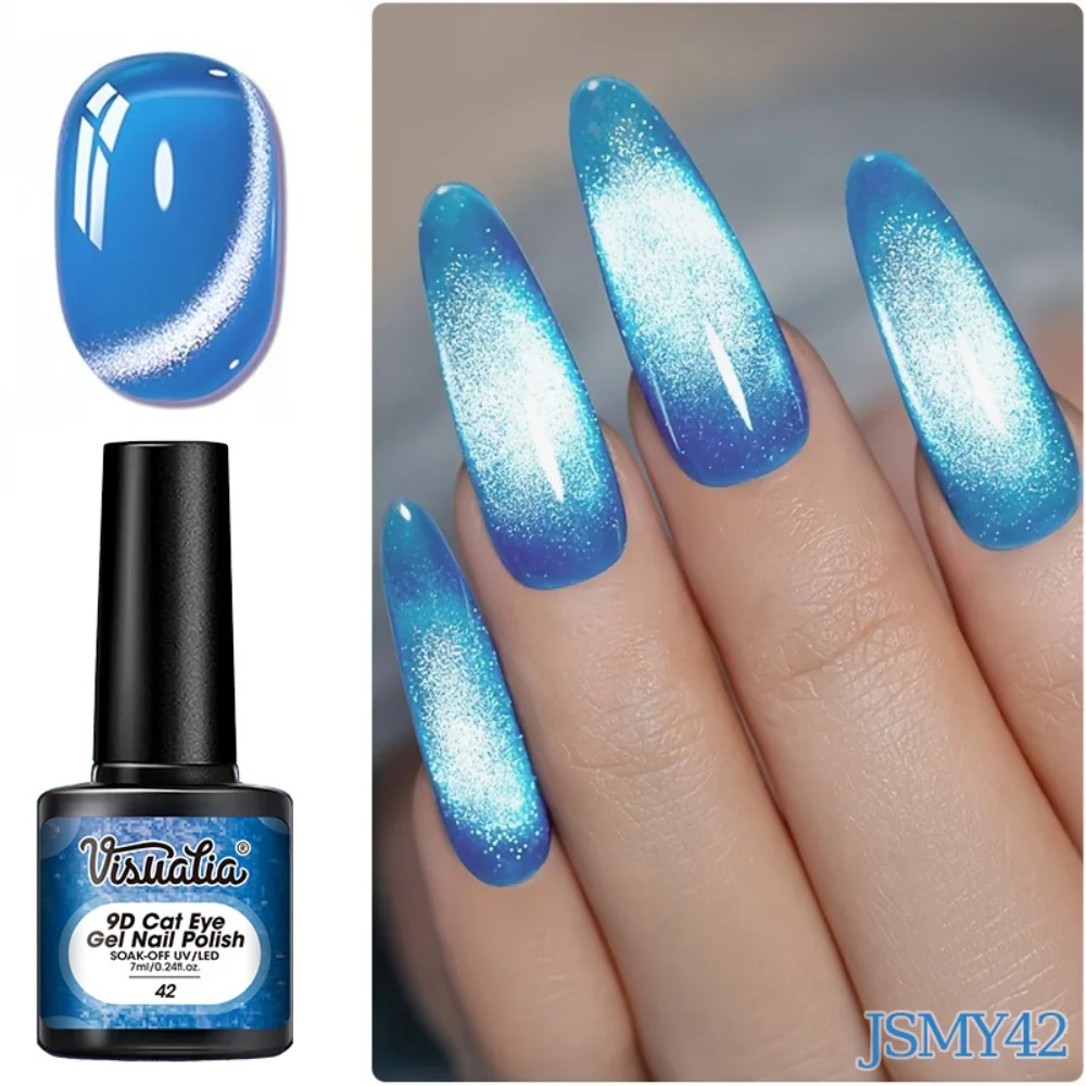 Visuatia Sea Blue 9D Cat Eye Nail Polish Gel, High-Density Magnetic Powder Can Create a Transparent, High-Gloss Strip, Smooth Gel Texture, Suitable for Nail Art Enthusiasts to Create Refreshing Style Nail Art at Home