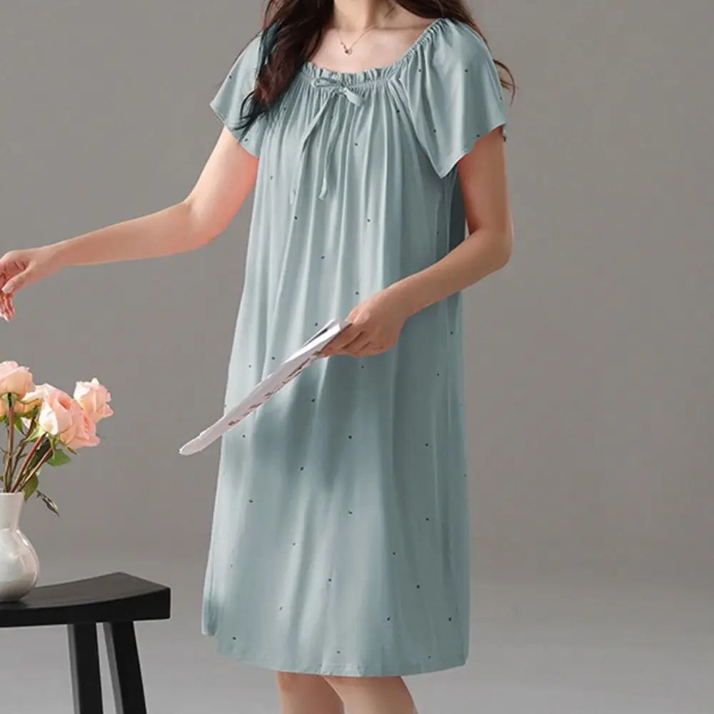 Casual Modal Women's Pajama Dress Loose Home Wear Dot Ruffle Nightdress Sleepwear Short Sleeve Lace Up Nightgown Girls