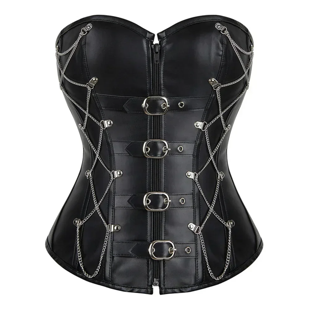 Black Leather Corset Top Woman Zip Leather Corset Buckle Bustier SteamPunk Gothic Studded Corset Corselet Straps Vest