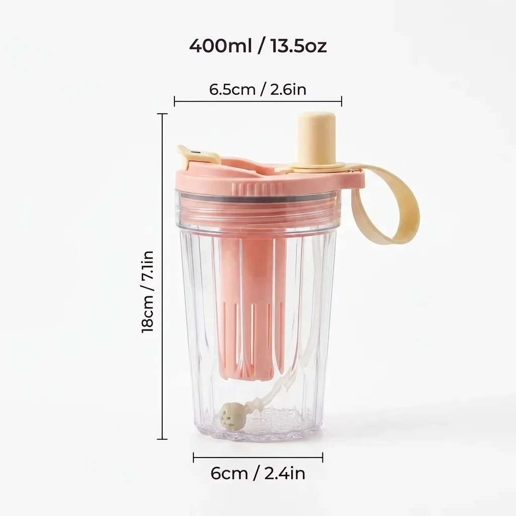 400ML Plastic Waterbeker met Rietje en Zeef, Draagbare Tumbler, Hittebestendige, Afgesloten Melk- en Koffiemok voor Kinderen en Studenten