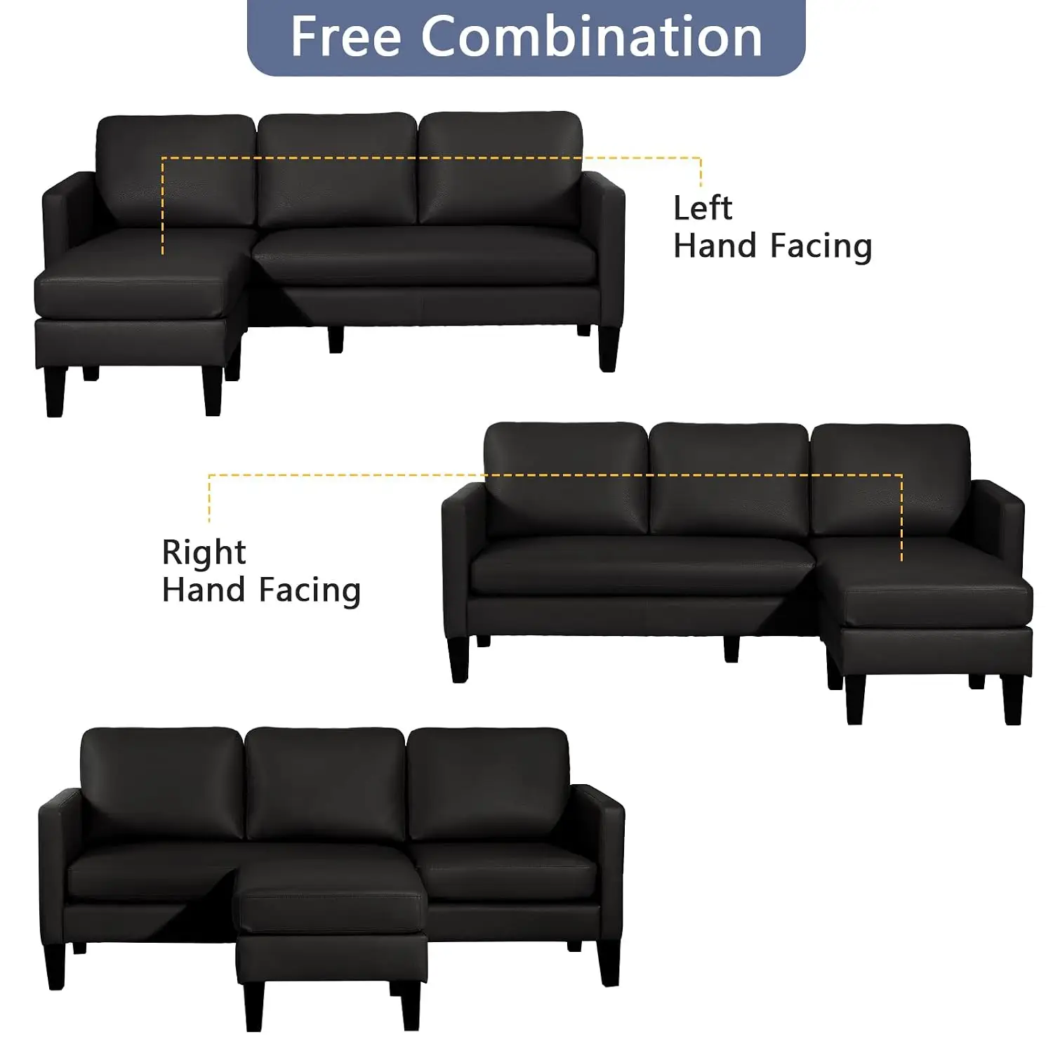 Faux Leather Sectional Sofa L Shaped 3 Seater Convertible Couch Reversible Chaise Small Spaces Apartment Black, Customized