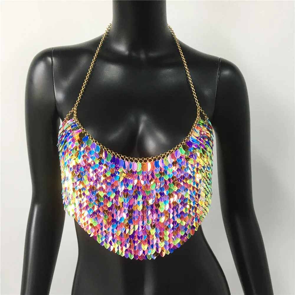 Pailletten Gekleurde Bladeren Crop Top Vrouwen Vest Sexy Nachtclub Metalen Slanke ketting Hangende nek Splicing Glitter Top Vrouwelijk