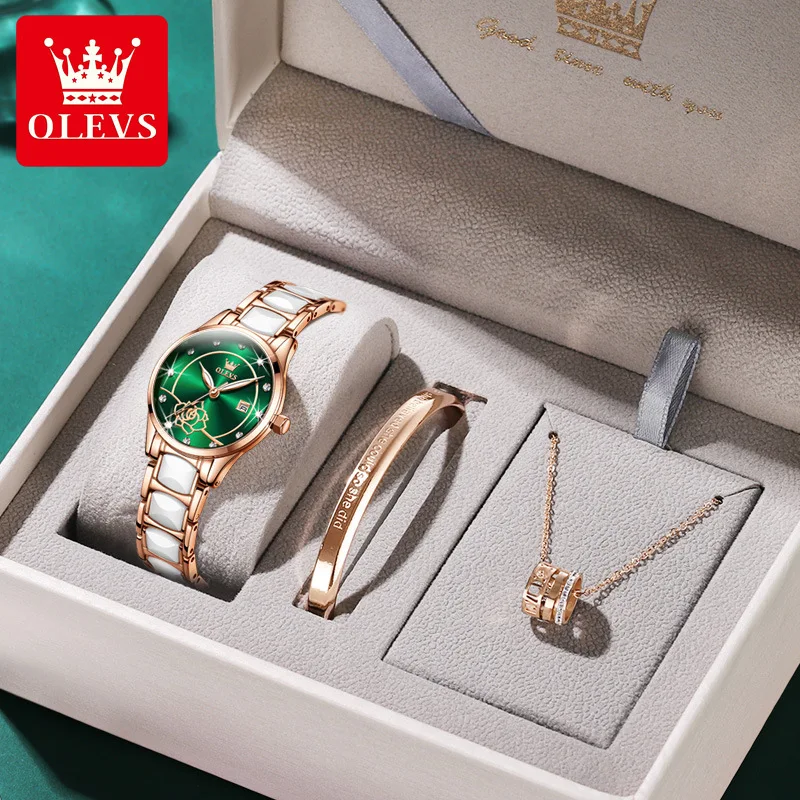 OLEVS-Conjunto de relógio de quartzo feminino, elegante mostrador camélia, ouro rosa, relógio de pulso feminino, pulseira feminina