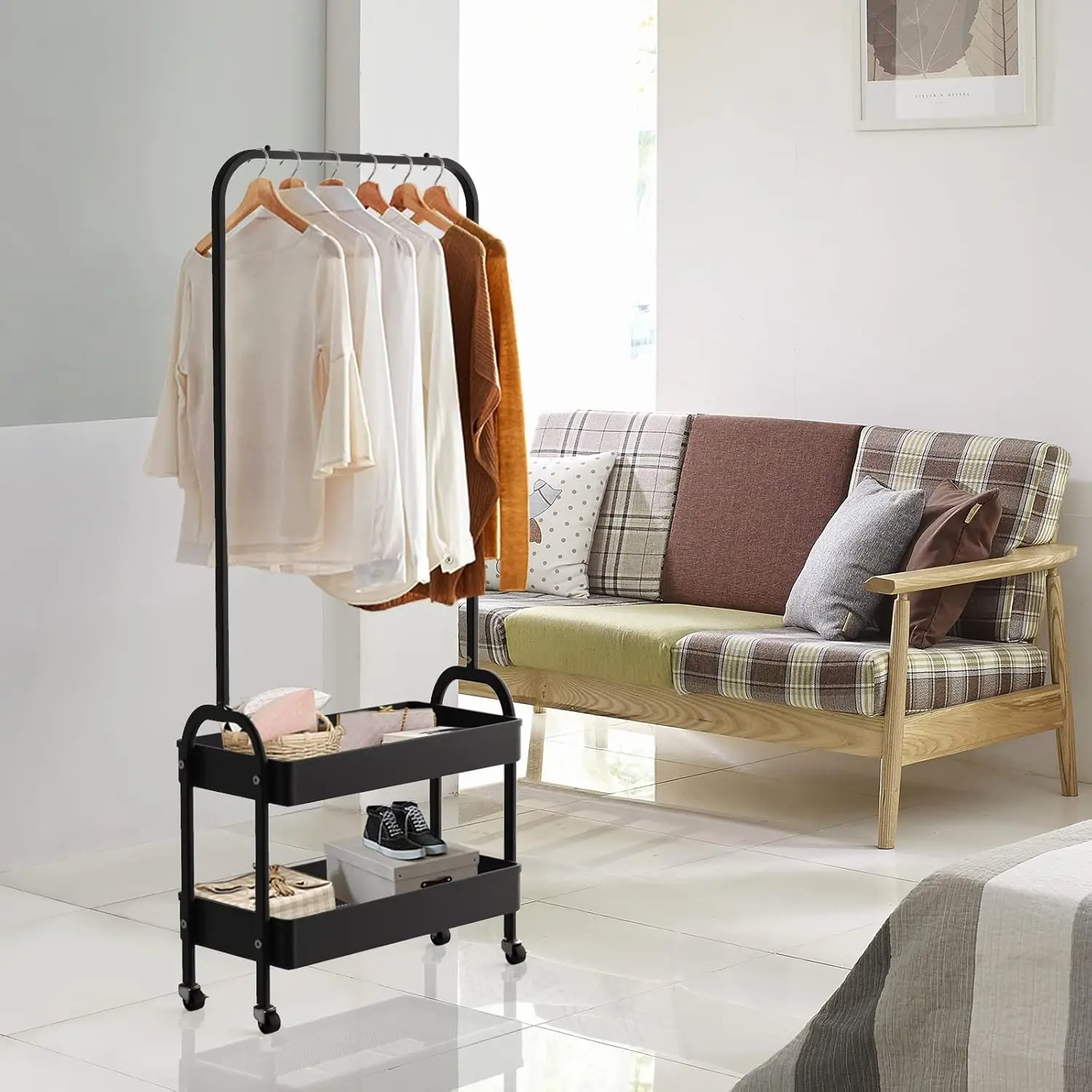 

Portable 2-Tier Clothing Rack with Metal Baskets, Laundry Cart with Hanging Storage, Compact Wardrobe on Wheels for Bedroom