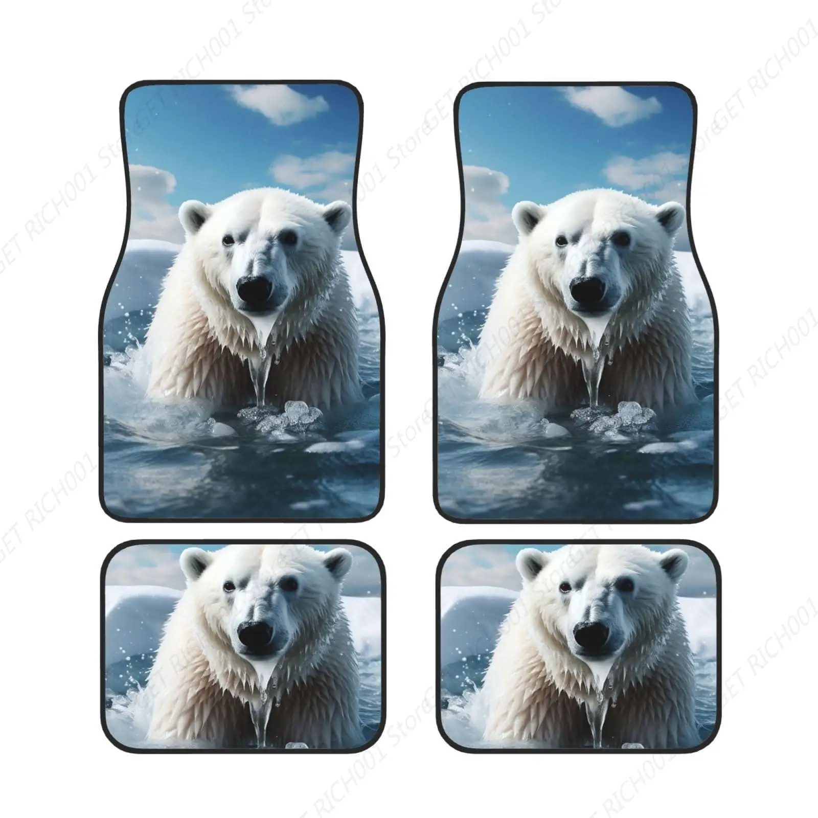 Cool Animal White Polar Bear Car Floor Mats Universal Car Front Rear Floor Foot Mats All Weather Protection Auto Foot Non-Slip