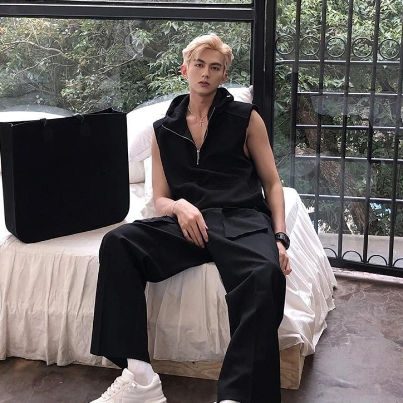 

Big Tall Men's Streetwear Zip Up Hooded Vest T Shirt Summer Lightweight Unisex Gym Jacket