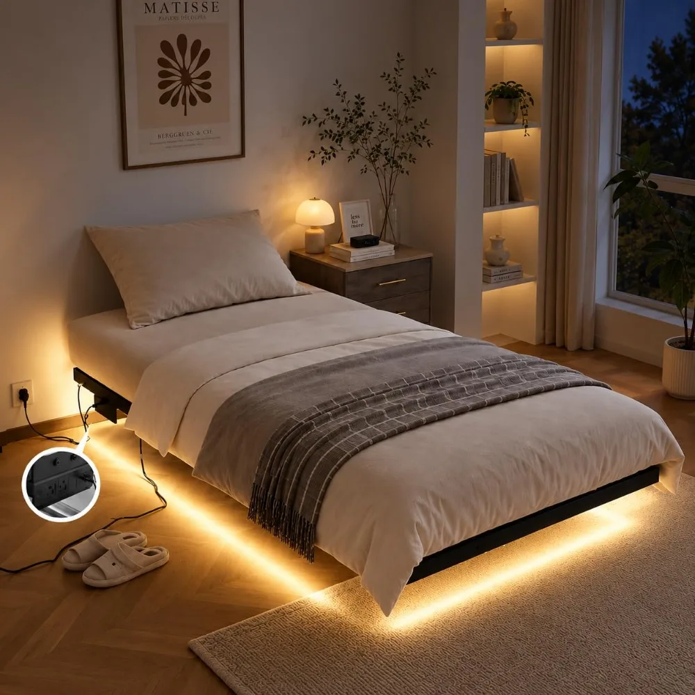 14 Inch Twin Floating Bed Frame Smart LED Lights and Charging Station, Single Platform Bed Foudation Base H No Box