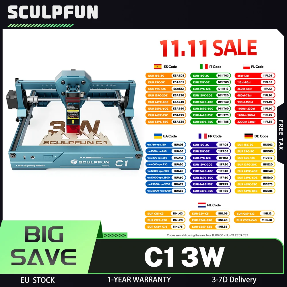 SCULPFUN C1 3W Mini Laserowa Grawerka, Obszar Grawerowania 150*130mm, 10000mm/min, Ultra-Cienka Kropka Skompresowana 0,04mm, Efekt 100nm-500nm