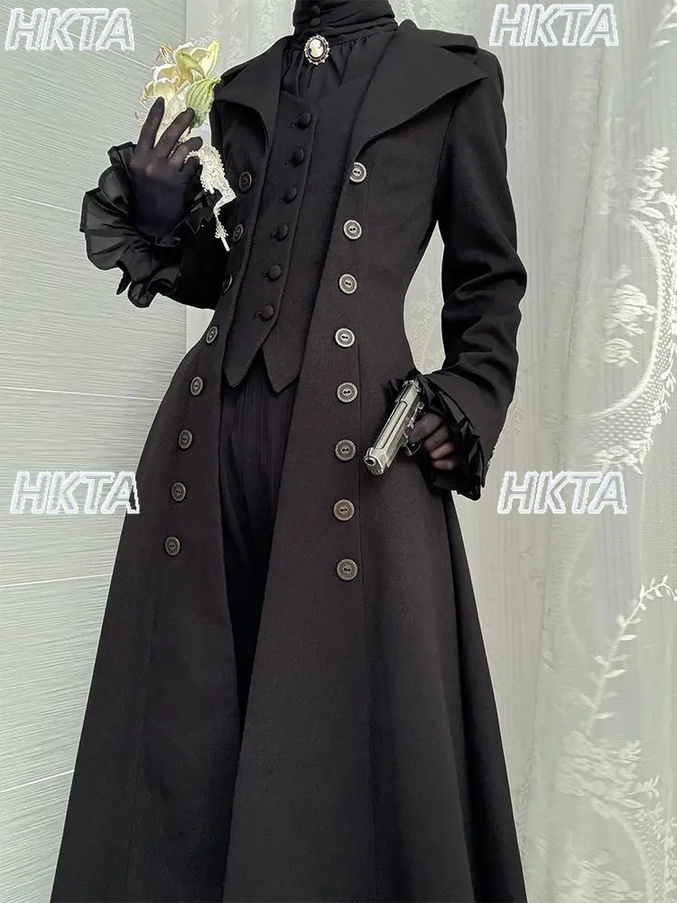 Japanese Vintage Autumn New Goth Button Long Sleeve Long Jacket Female Sweet Cool Lolita Waist Slim Fit Cosplay Black Coat Women