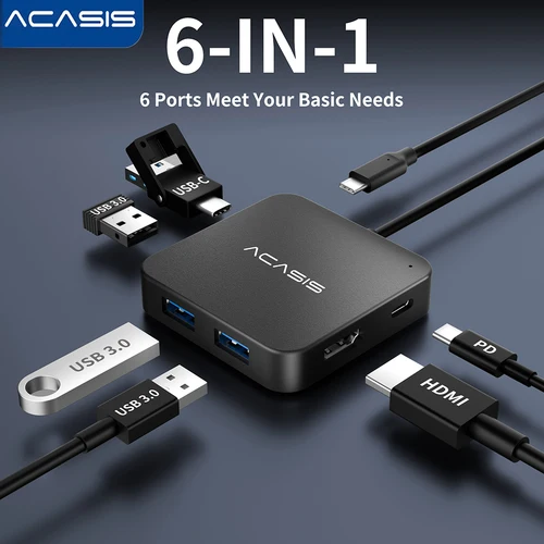 ACASI 6-en-1 USB C Hub estación de acoplamiento 4K 30Hz tipo C a HDMI compatible con estación de acoplamiento para ordenador portátil PD 100W USB C divisor para MacBook