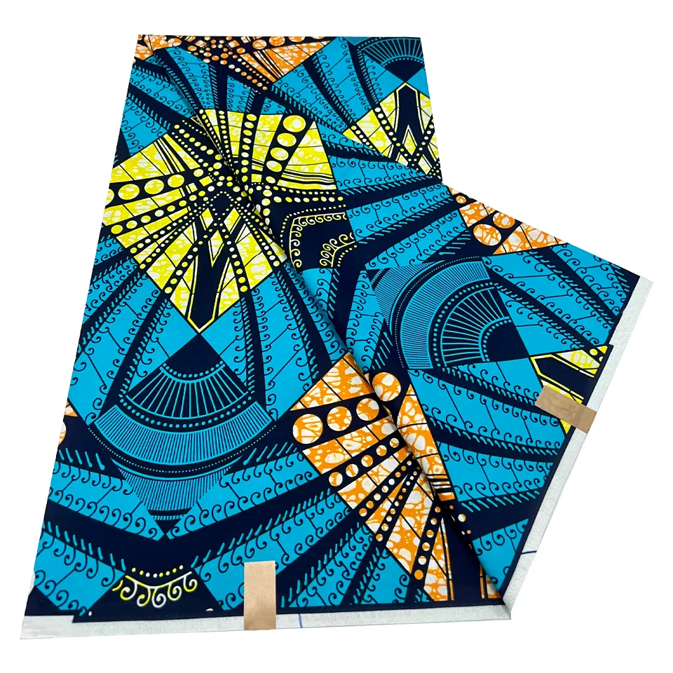 New African Real Wax Print Fabric 6 Yards 100% Cotton Ankara Kitenge Tissu Pagne Africain Blue Geometric Pattern For Women Dress view 5