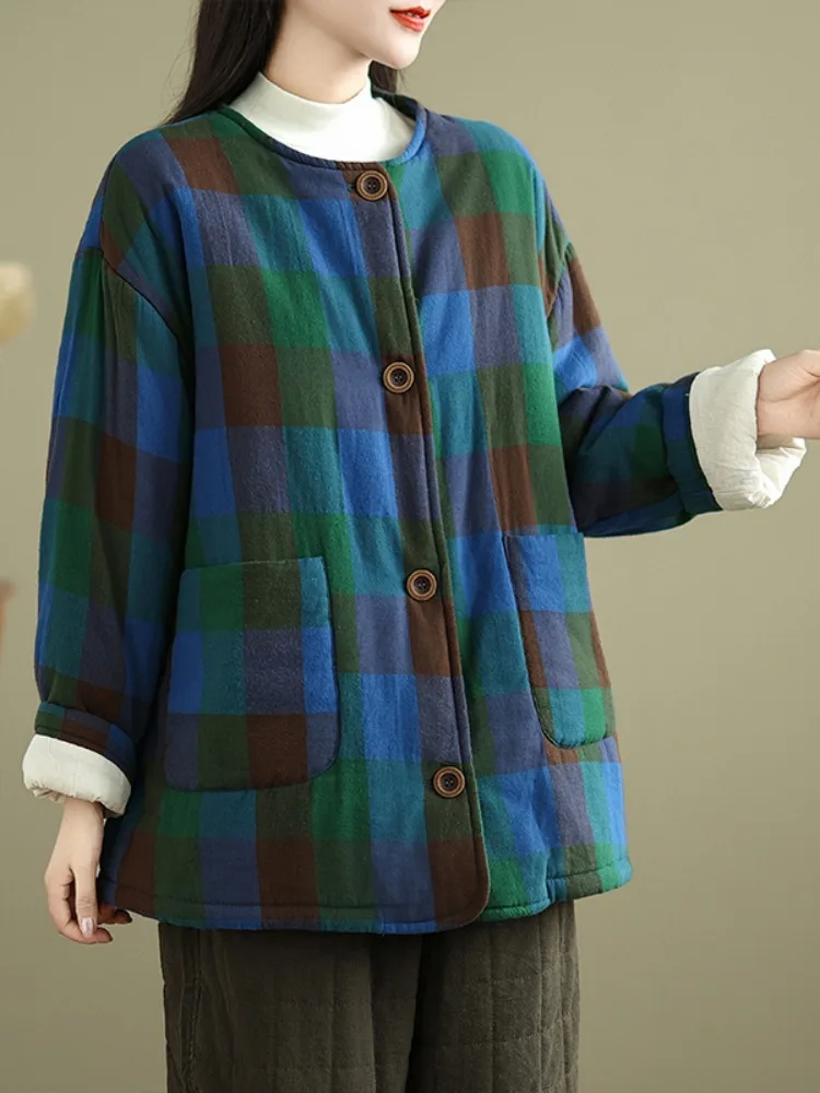 

Женское зимнее хлопковое льняное пальто в клетку в стиле ретро, новое повседневное теплое хлопковое пальто для мам, морозостойкое пальто