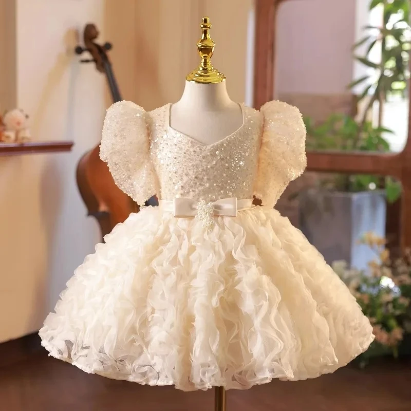 New Sequin Child Birthday Party Dress Sparkly Girl Wedding Party Dress Bow Flower Girl Dress Cute Baby Dress First Gown