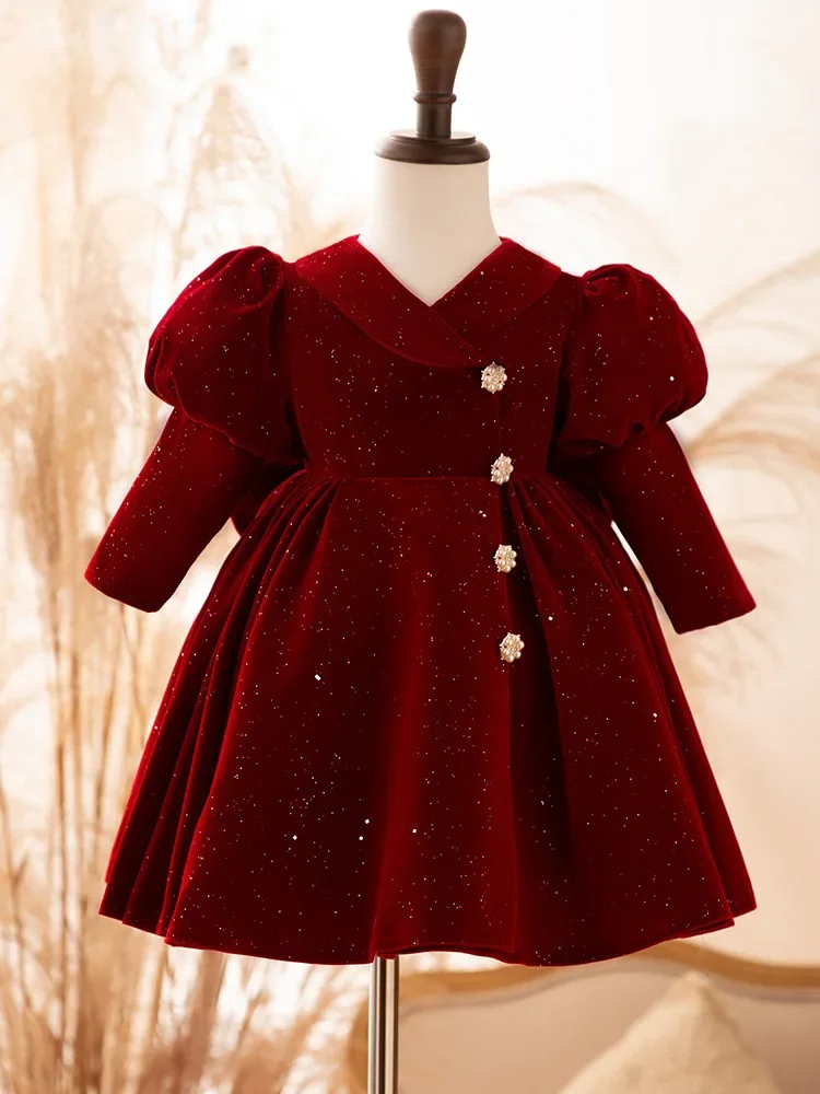 Vestido infantil de veludo manga comprida, traje de princesa do bebê, roupa de festa para o Natal, kawaii, primeiro aniversário das crianças