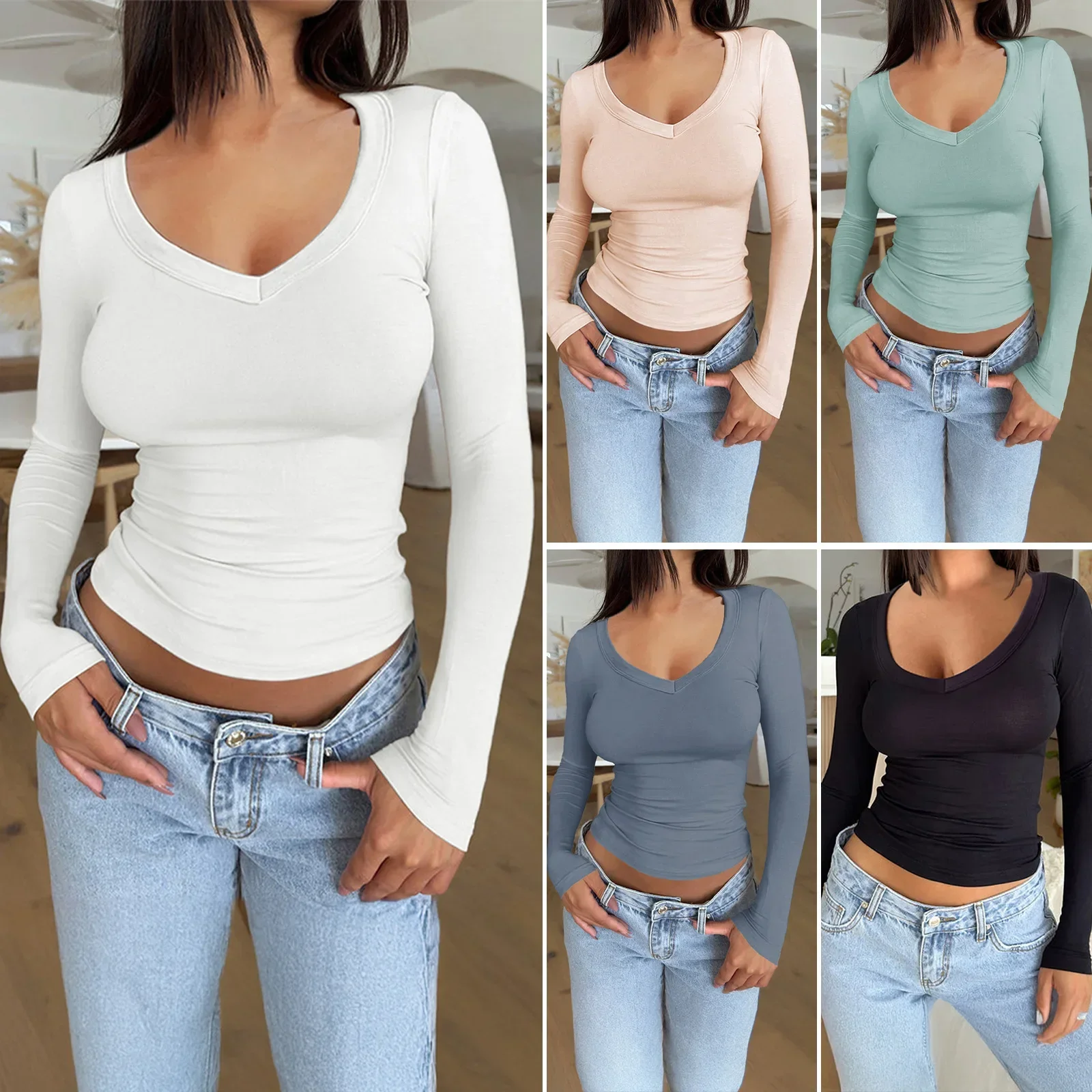 Women's Long Sleeve Compression T Shirts New Ladies Slim Fit Fashionable Pure Desire V Neck Tops Female Ruched Tight Clothes