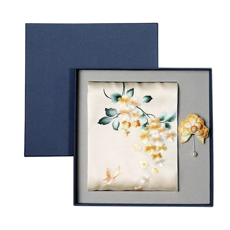 Handmade embroidered silk scarf brooch gift Suzhou mulberry silk silk scarf gift for foreigners gift box high-end
