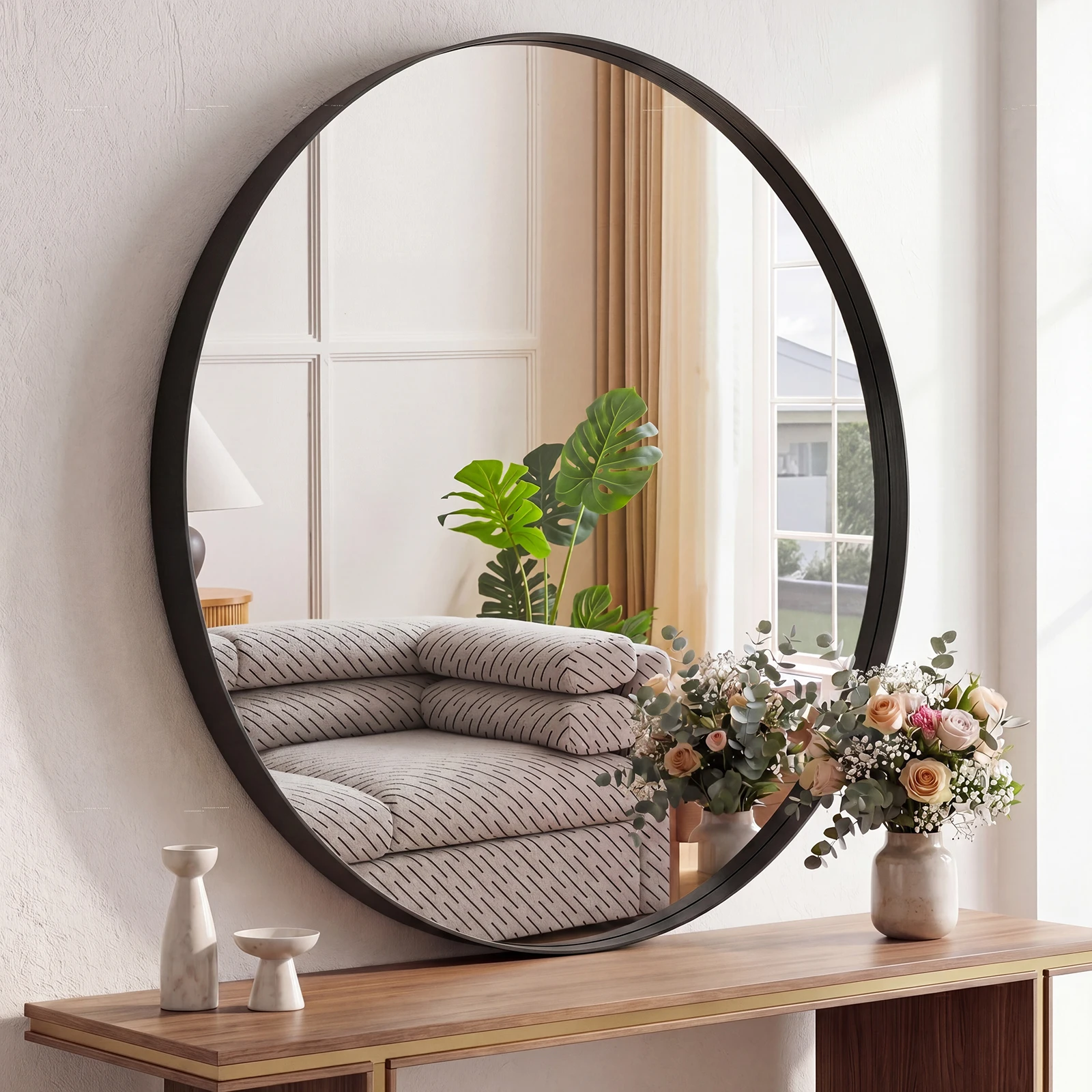 JHK Groove Gold Round Vanity Framed Mirror for Wall Bathroom Mirror for Over Sink Wall Circle Mirror with Matte Metal Frame Modern Wall Mount Vanity Mirrors for Home Decor Living Room