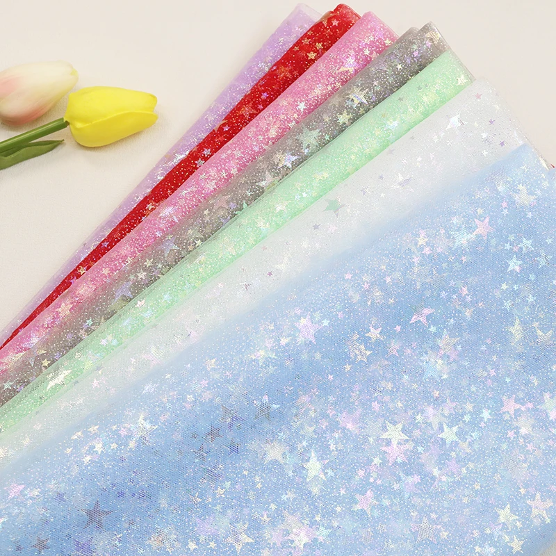 150x91cm Shiny Soft Tulle Mesh Fabric Colorful Star Printed Princess Girls Summer Dress Handmade DIY Clothing Decoration Fabric